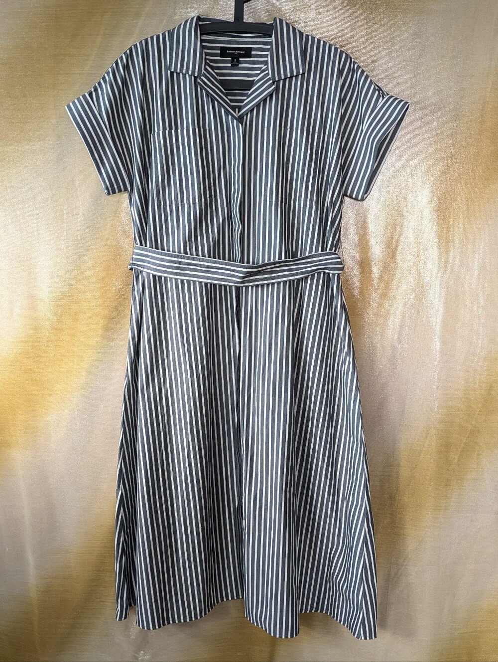 -Banana Republic Short Sleeve Striped Belted Shirt Maxi Length Dress Size Small